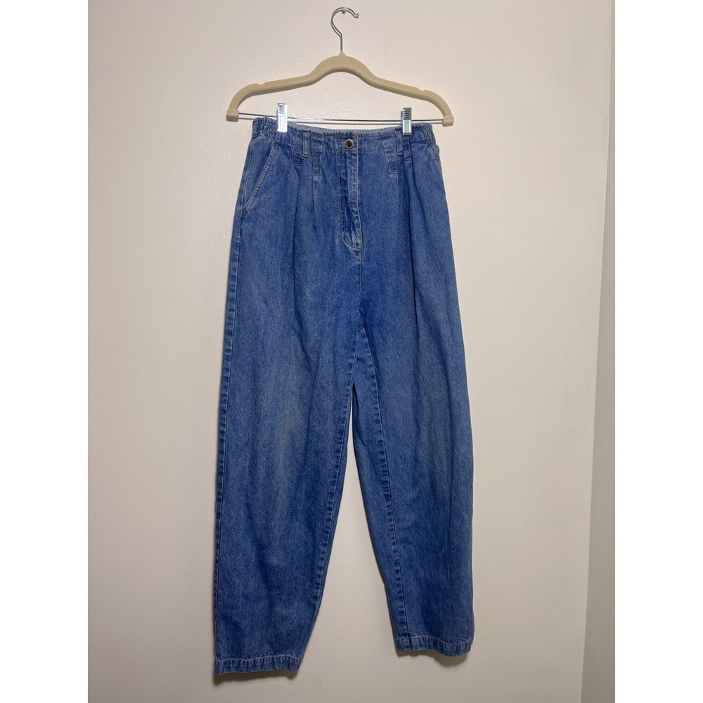 Vintage High Waisted Pleated Mom Jeans Medium Wash Elastic Waist Tapered Leg